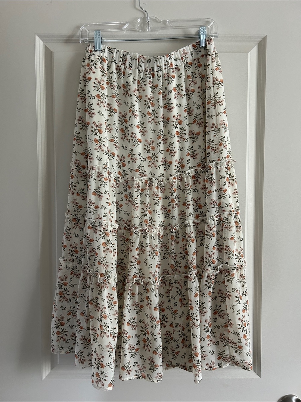 Allegra K Cream Tiered Maxi Skirt with Rust Floral